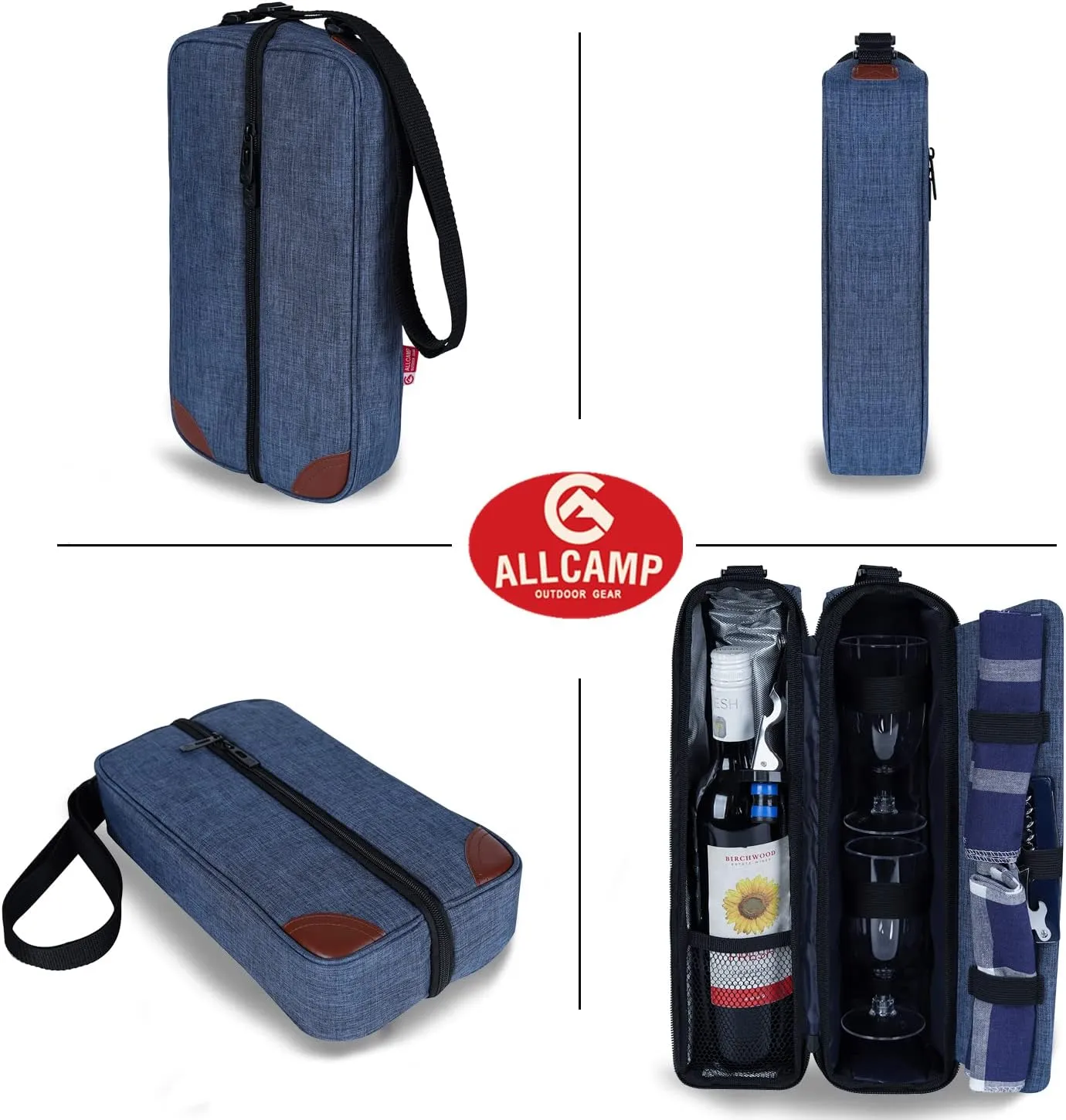 ALLCAMP Wine Tote Bag with Cooler Compartment，Picnic Set Carrying Two Sets of Tableware（Blue）