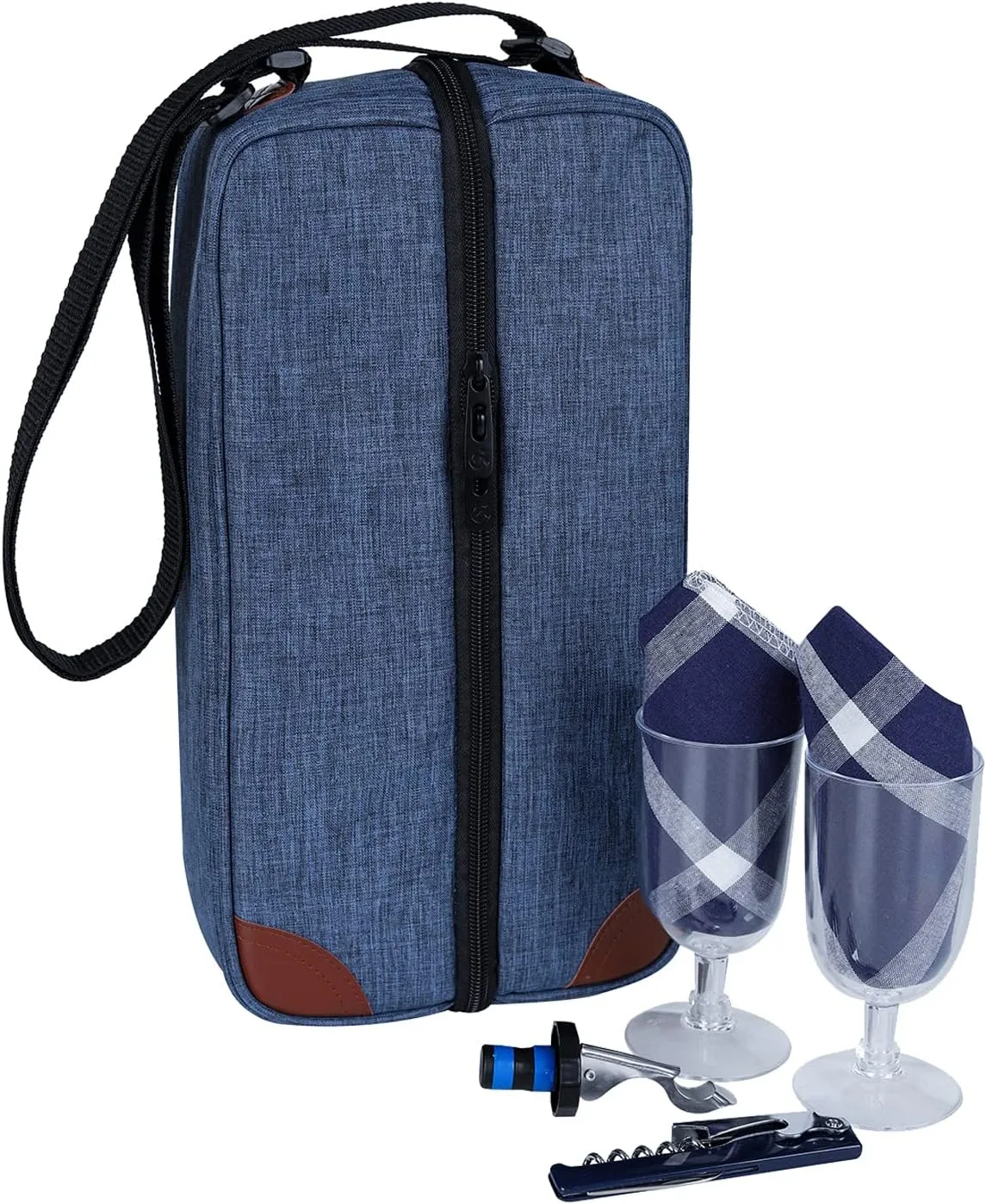 ALLCAMP Wine Tote Bag with Cooler Compartment，Picnic Set Carrying Two Sets of Tableware（Blue）