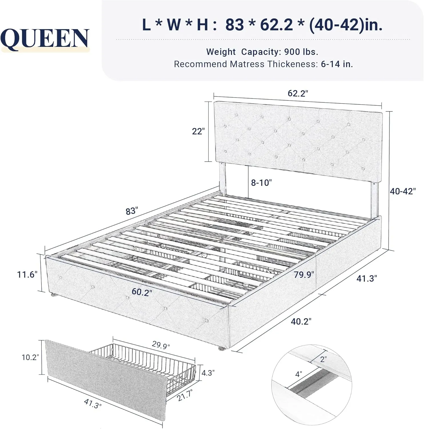 Allewie Upholstered Queen Size Platform Bed Frame with 4 Storage Drawers and Headboard, Diamond Stitched Button Tufted, Mattress Foundation with Wooden Slats Support, No Box Spring Needed, Dark Grey