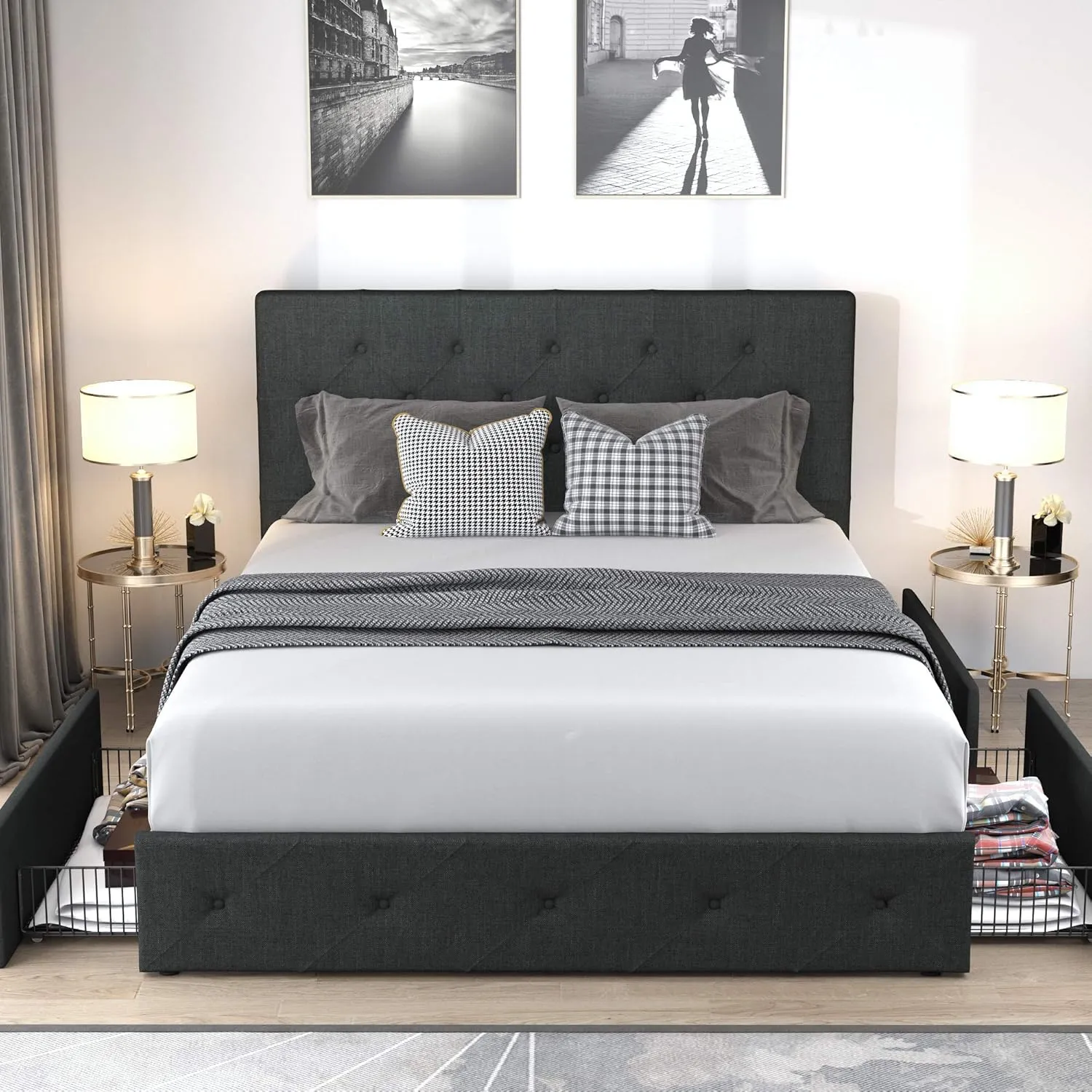 Allewie Upholstered Queen Size Platform Bed Frame with 4 Storage Drawers and Headboard, Diamond Stitched Button Tufted, Mattress Foundation with Wooden Slats Support, No Box Spring Needed, Dark Grey