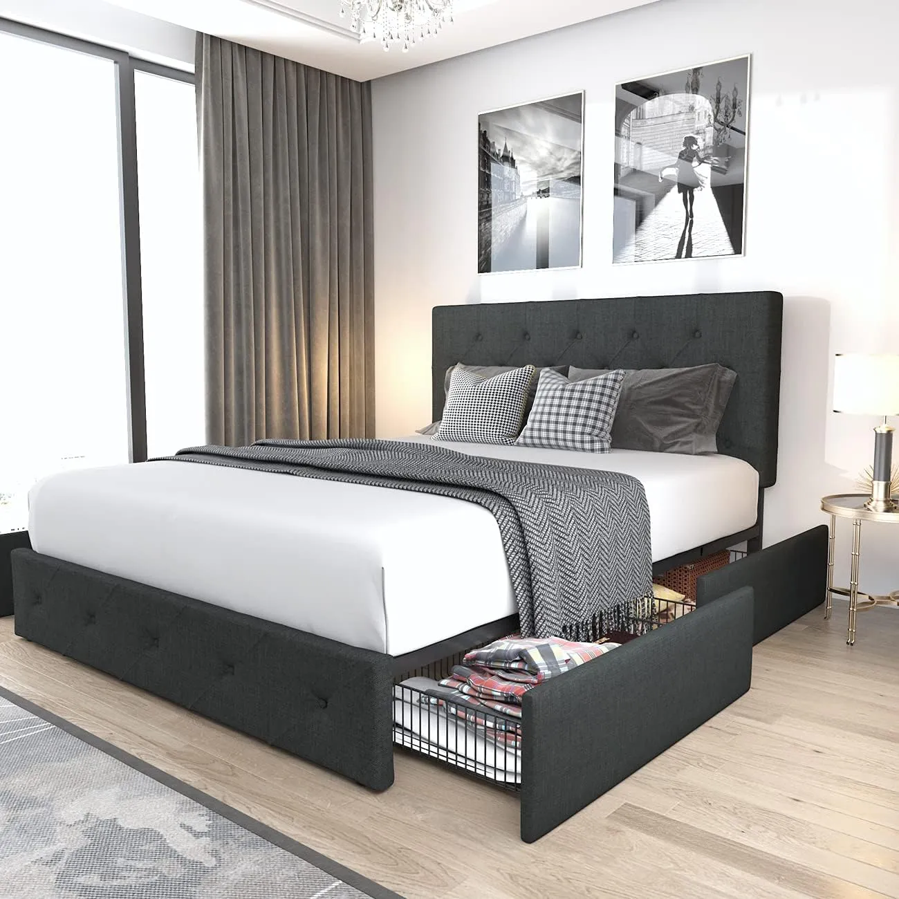 Allewie Upholstered Queen Size Platform Bed Frame with 4 Storage Drawers and Headboard, Diamond Stitched Button Tufted, Mattress Foundation with Wooden Slats Support, No Box Spring Needed, Dark Grey