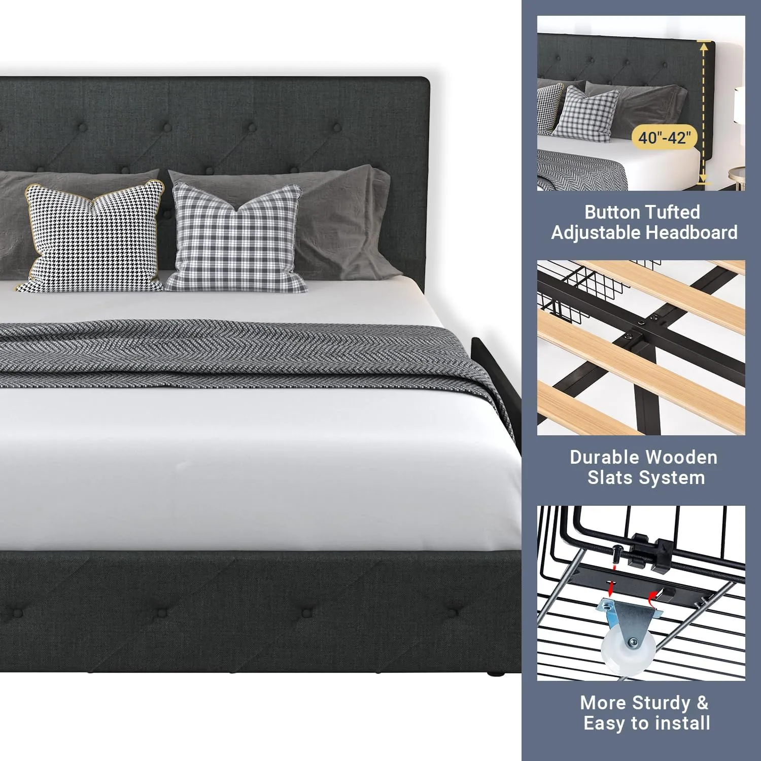 Allewie Upholstered Queen Size Platform Bed Frame with 4 Storage Drawers and Headboard, Diamond Stitched Button Tufted, Mattress Foundation with Wooden Slats Support, No Box Spring Needed, Dark Grey
