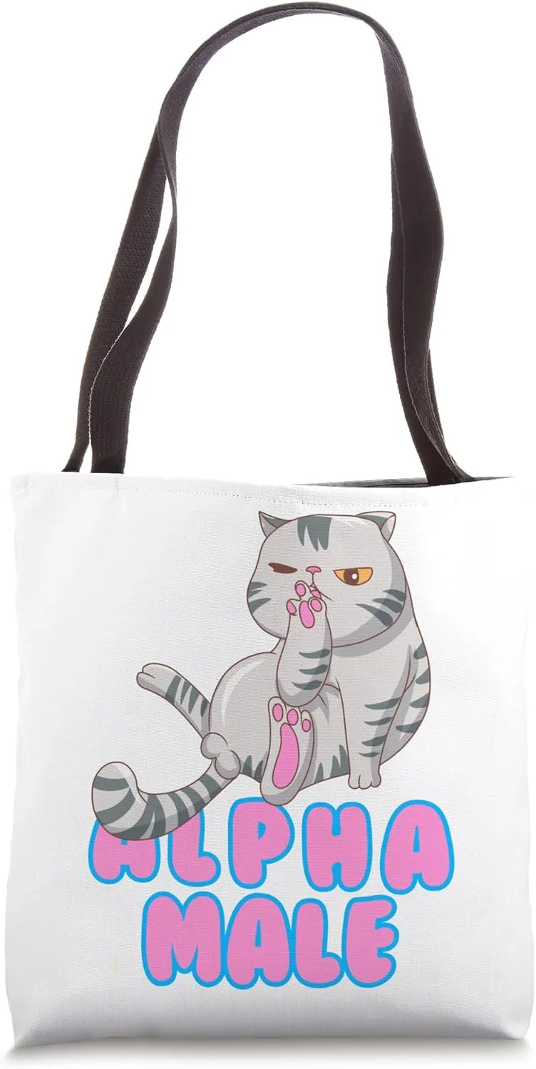Alpha Male Funny Cat Cleaning Himself Sarcastic Y2K Tote Bag