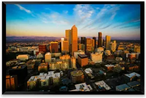 Alpine Glow Sunrise over Denver Colorado Morning Cityscape Black Framed Canvas Wall Art for Living Room Bedroom Kitchen Bathroom Prints Pictures Wall Decor Posters Painting Artwork 12x16