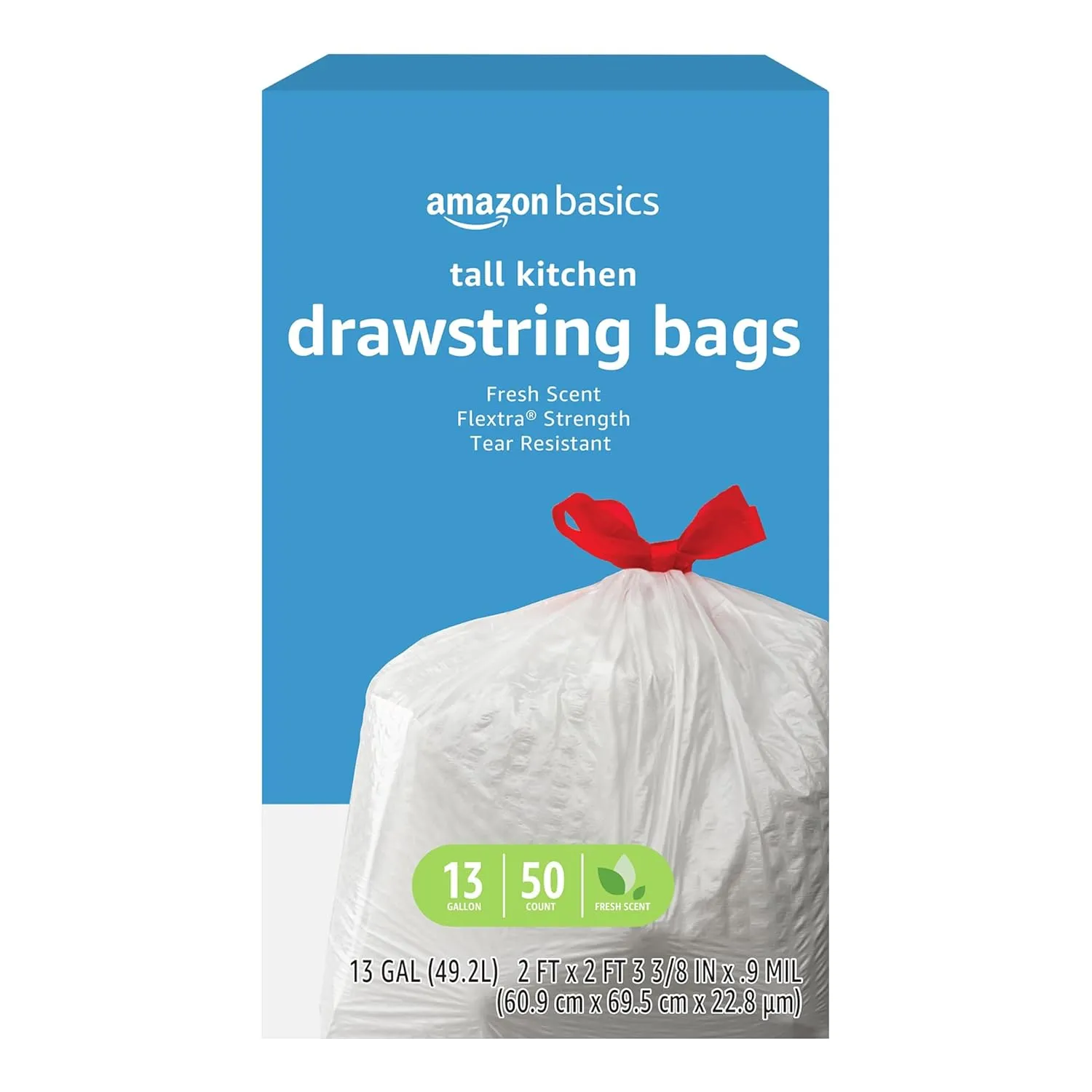 Amazon Basics 13 Gallon Tall Trash Bags, Flextra, Fresh Scent, Drawstring, 50 Count