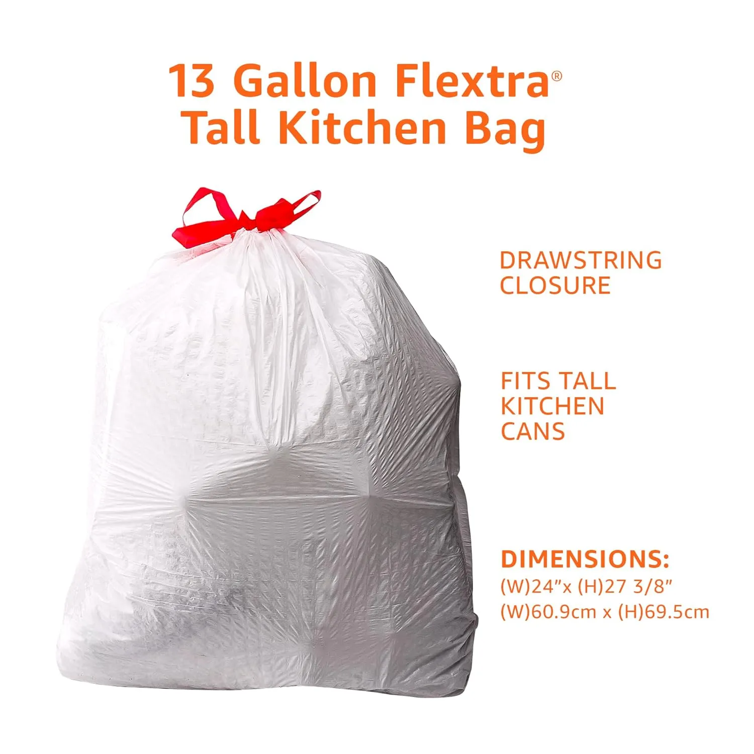 Amazon Basics 13 Gallon Tall Trash Bags, Flextra, Fresh Scent, Drawstring, 50 Count