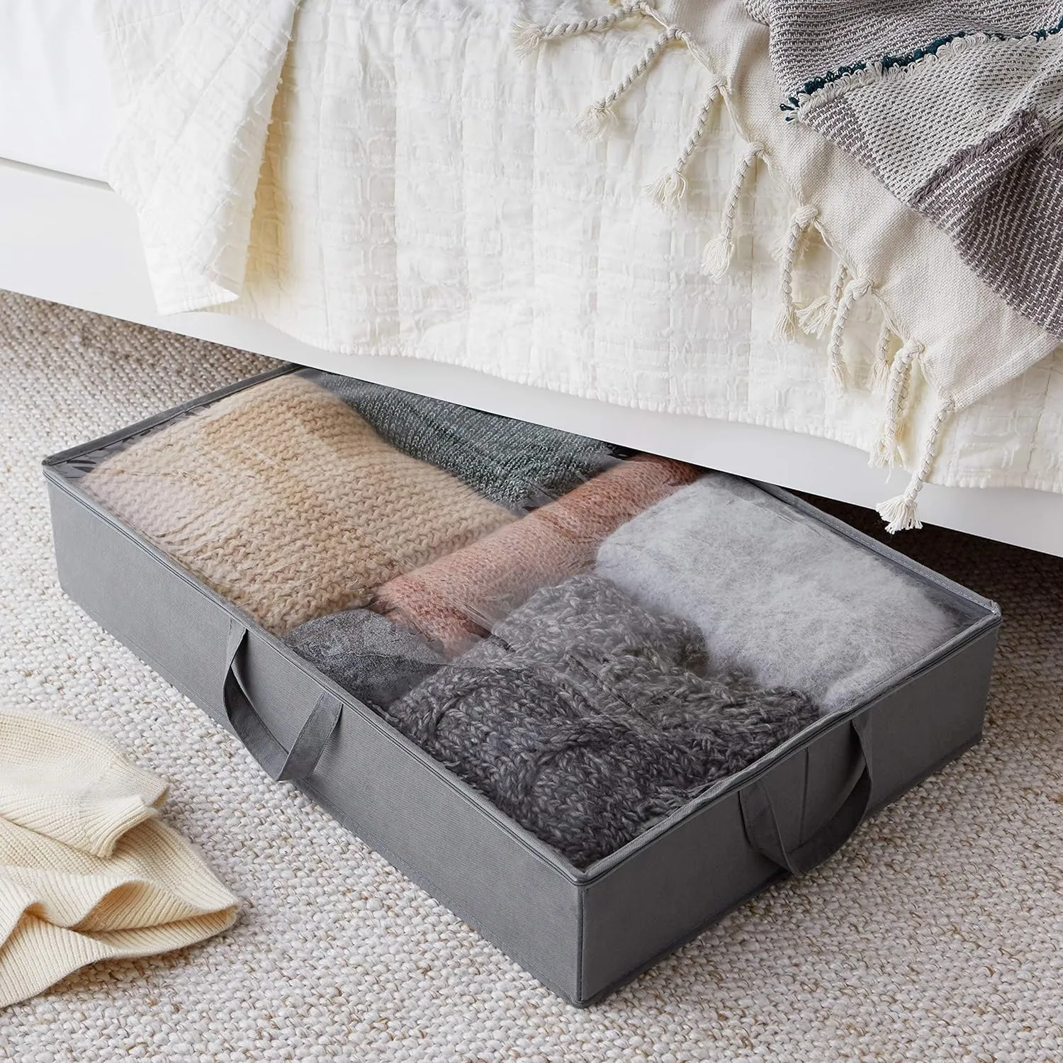 Amazon Basics Under Bed Fabric Zipper Blanket Storage Container Bags with Window and Handles, 2-Pack, 18 x 42 x 6 inches, Gray