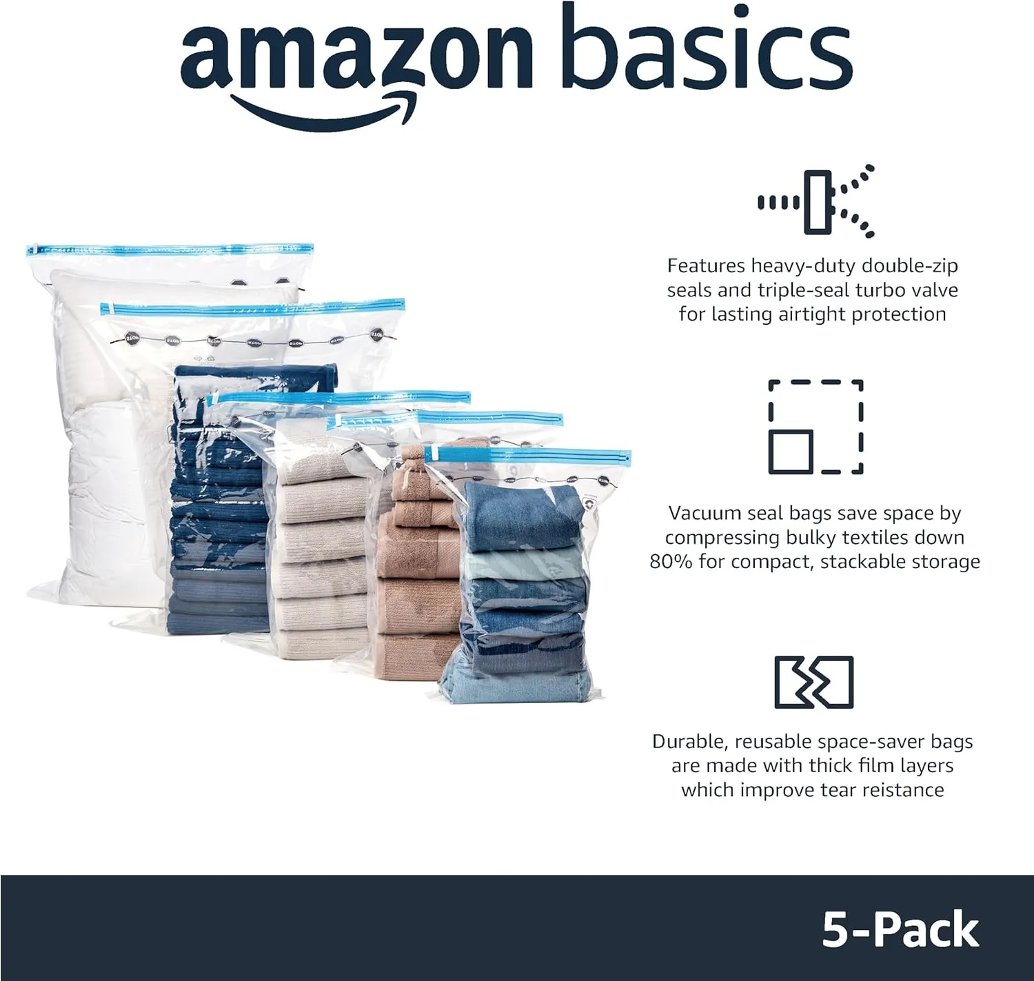 Amazon Basics Vacuum Compression Space Saving Storage Bags with Hand Pump, Large, Pack of 5, Clear