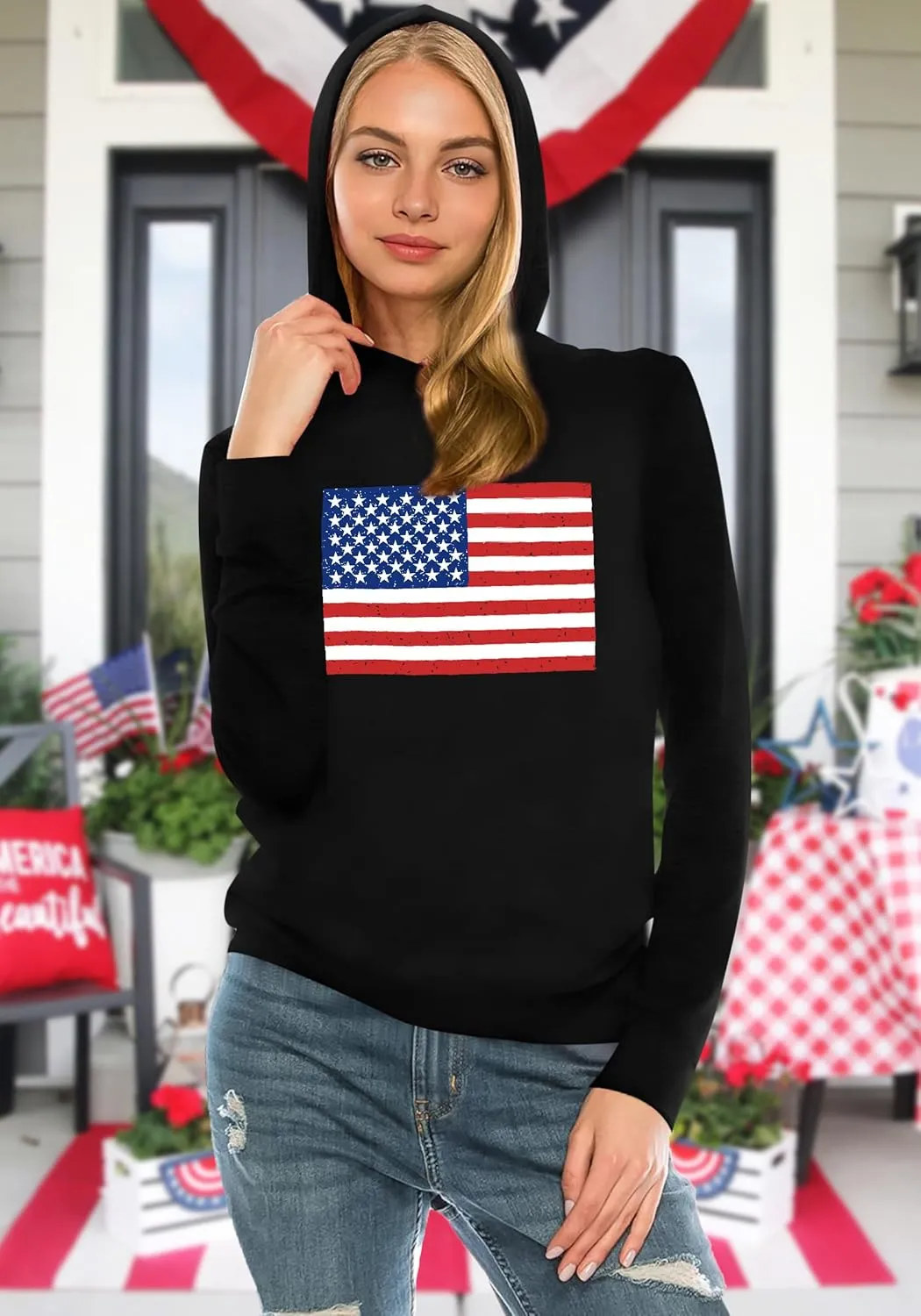 American Flag Hoodie for Women: 4th of July Shirts Patriotic Long Sleeve Memoria Day Hoodie Pullover Tops