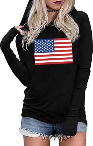 American Flag Hoodie for Women: 4th of July Shirts Patriotic Long Sleeve Memoria Day Hoodie Pullover Tops