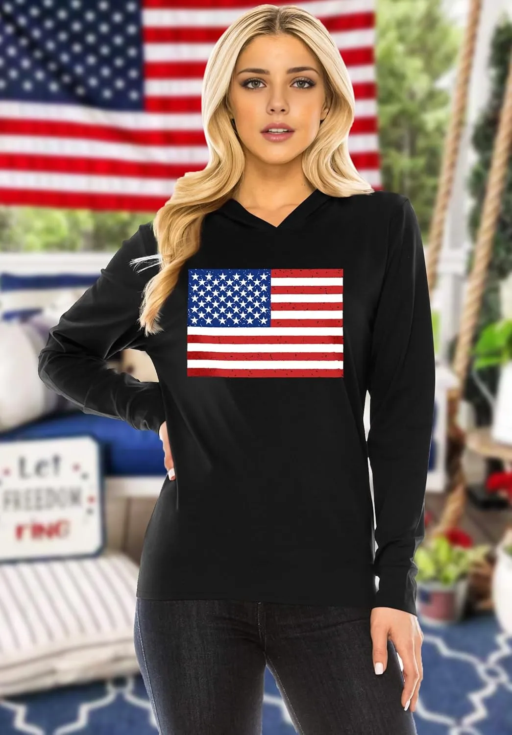 American Flag Hoodie for Women: 4th of July Shirts Patriotic Long Sleeve Memoria Day Hoodie Pullover Tops