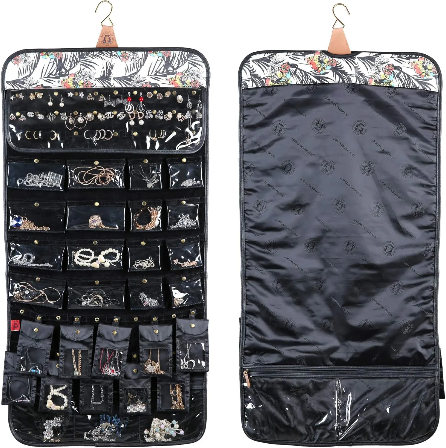 Angelina's Palace EZE Jewelry Hanger Organizer Hook Hanging Closet Jewelry Storage Roll Detachable 24 Earrings Ring Bars Protection 24 Bracelet Pouches Watches Pocket with Travel Bag(Lost in Paradise)