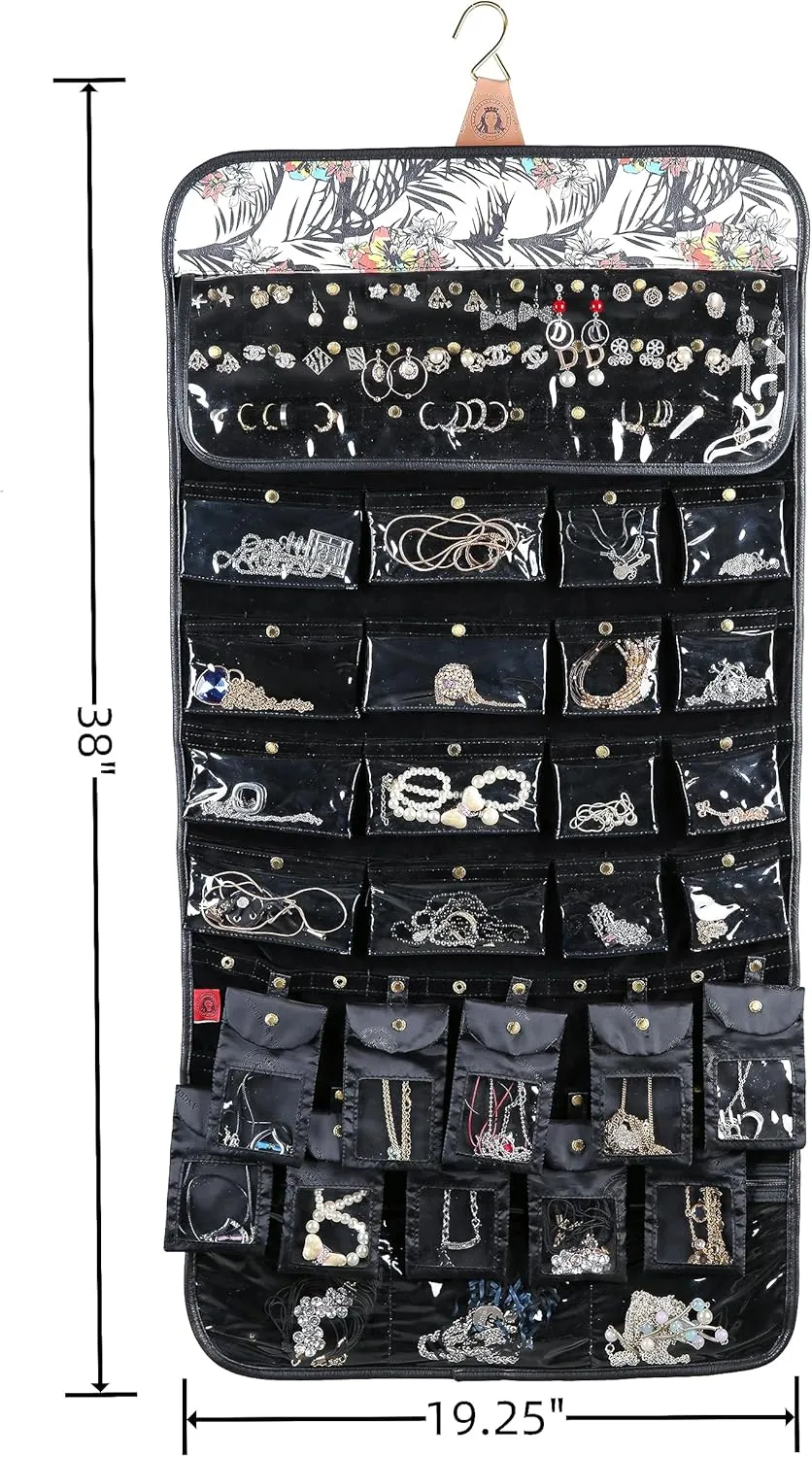 Angelina's Palace EZE Jewelry Hanger Organizer Hook Hanging Closet Jewelry Storage Roll Detachable 24 Earrings Ring Bars Protection 24 Bracelet Pouches Watches Pocket with Travel Bag(Lost in Paradise)