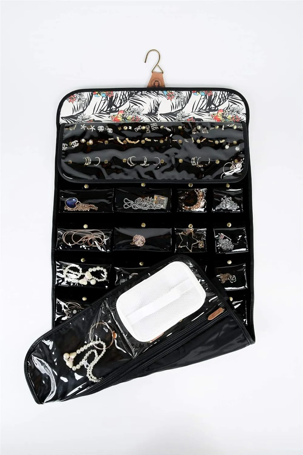Angelina's Palace EZE Jewelry Hanger Organizer Hook Hanging Closet Jewelry Storage Roll Detachable 24 Earrings Ring Bars Protection 24 Bracelet Pouches Watches Pocket with Travel Bag(Lost in Paradise)
