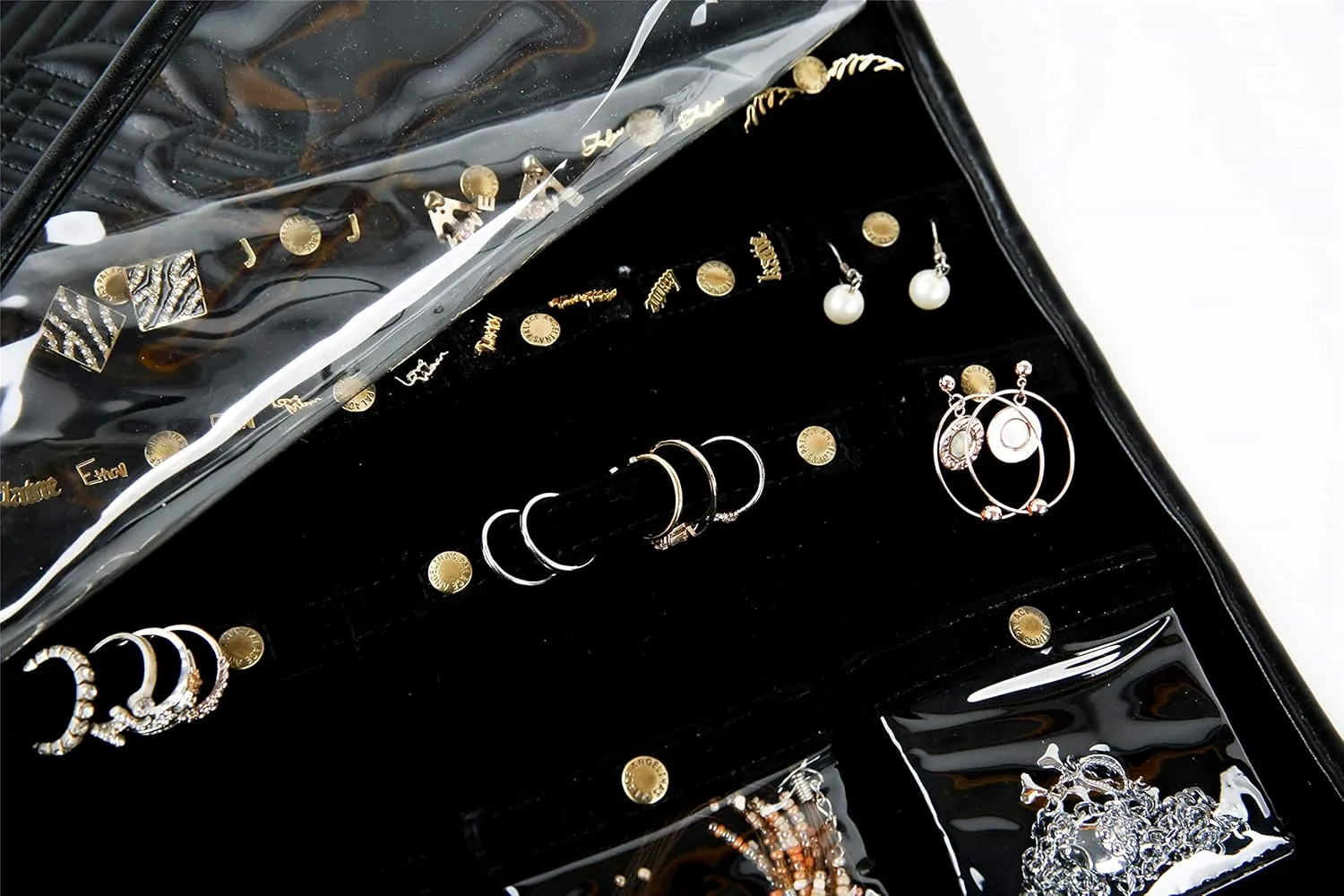 Angelina's Palace EZE Jewelry Hanger Organizer Hook Hanging Closet Jewelry Storage Roll Detachable 24 Earrings Ring Bars Protection 24 Bracelet Pouches Watches Pocket with Travel Bag(Memory Black)