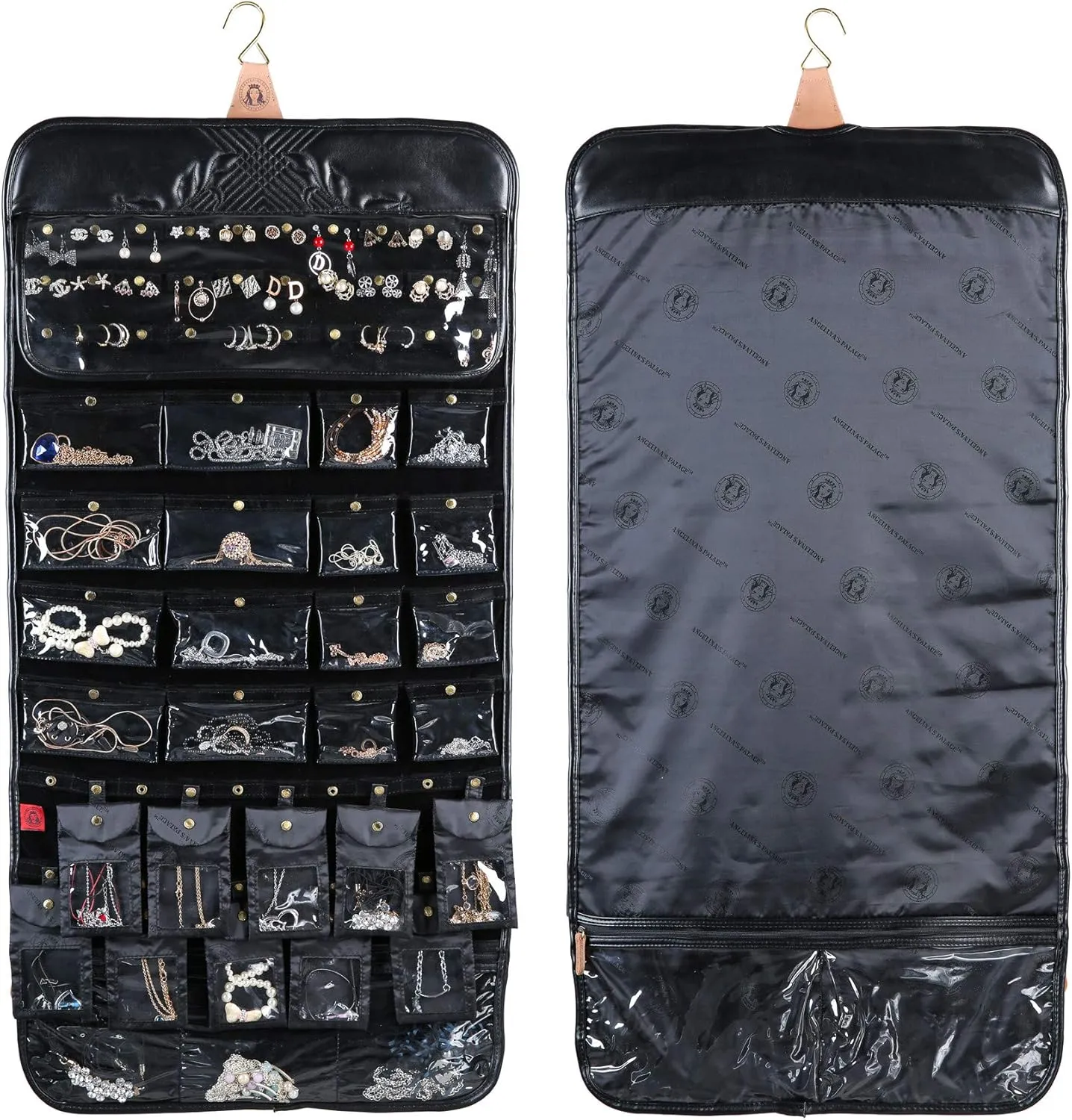 Angelina's Palace EZE Jewelry Hanger Organizer Hook Hanging Closet Jewelry Storage Roll Detachable 24 Earrings Ring Bars Protection 24 Bracelet Pouches Watches Pocket with Travel Bag(Memory Black)