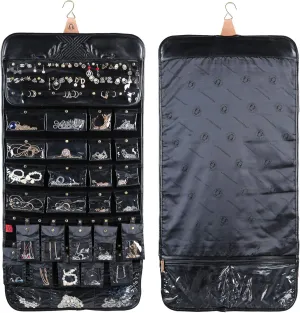 Angelina's Palace EZE Jewelry Hanger Organizer Hook Hanging Closet Jewelry Storage Roll Detachable 24 Earrings Ring Bars Protection 24 Bracelet Pouches Watches Pocket with Travel Bag(Memory Black)