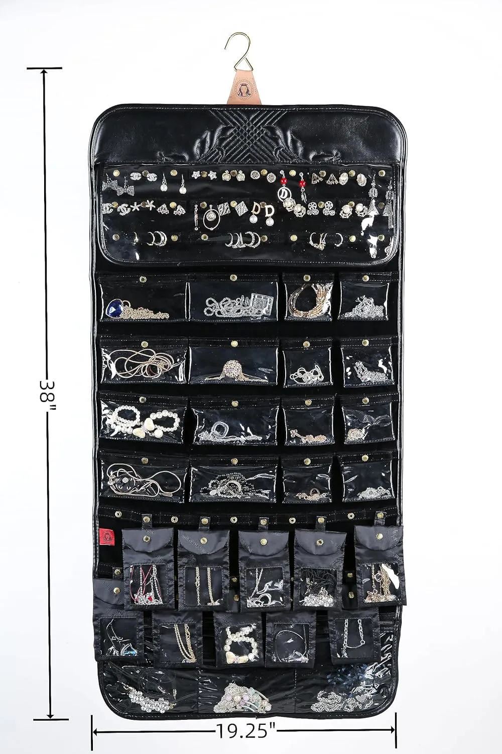 Angelina's Palace EZE Jewelry Hanger Organizer Hook Hanging Closet Jewelry Storage Roll Detachable 24 Earrings Ring Bars Protection 24 Bracelet Pouches Watches Pocket with Travel Bag(Memory Black)