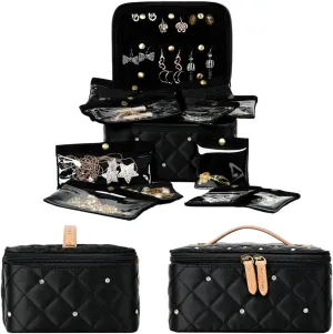 Angelina's Palace Gorde Medium Jewelry Case Women's Travel Organizer Bag Big Capacity Storage with Detachable Necklace Earring Ring Pouches Train Jewelry Case(Diamond Black)