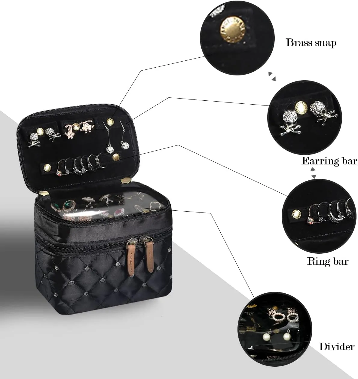 Angelina's Palace Jewelry Organizer Boxes for Women Girls,Eiger Small Travel Jewelry Case Storage Bag with Detachable Necklace Earring Bracelet Ring Pouches（Diamond Black）