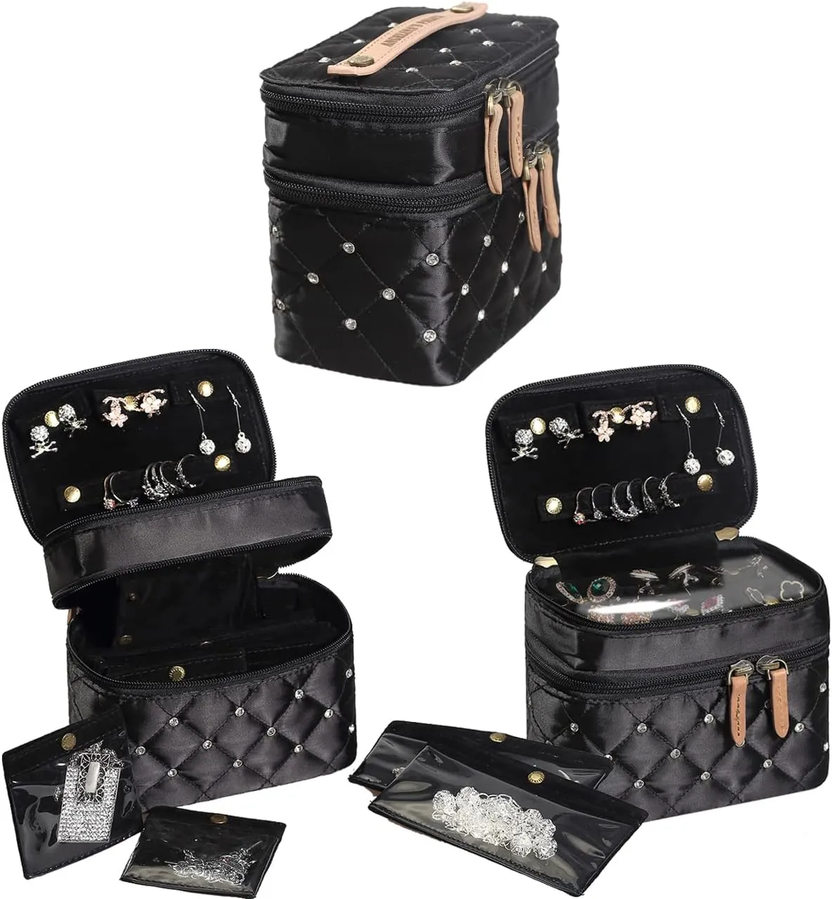Angelina's Palace Jewelry Organizer Boxes for Women Girls,Eiger Small Travel Jewelry Case Storage Bag with Detachable Necklace Earring Bracelet Ring Pouches（Diamond Black）