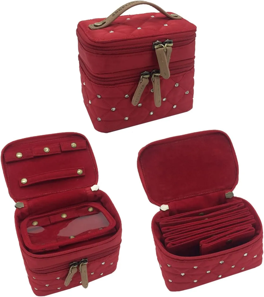 Angelina's Palace Jewelry Organizer Boxes for Women Girls,Eiger Small Travel Jewelry Case Storage Bag with Detachable Necklace Earring Bracelet Ring Pouches（Diamond Red）