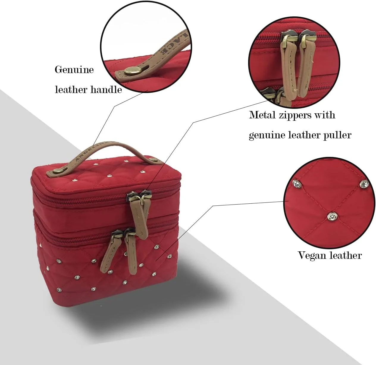 Angelina's Palace Jewelry Organizer Boxes for Women Girls,Eiger Small Travel Jewelry Case Storage Bag with Detachable Necklace Earring Bracelet Ring Pouches（Diamond Red）