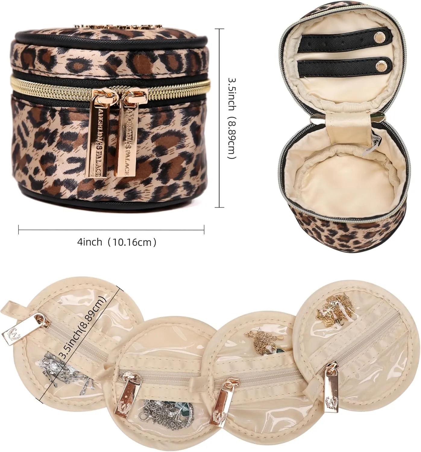 Angelina's Palace Round Jewelry Organizer Case Travel Bag Bridesmaid Gifts Silk Satin Box for Necklace Earring Bracelet Ring(leopard)