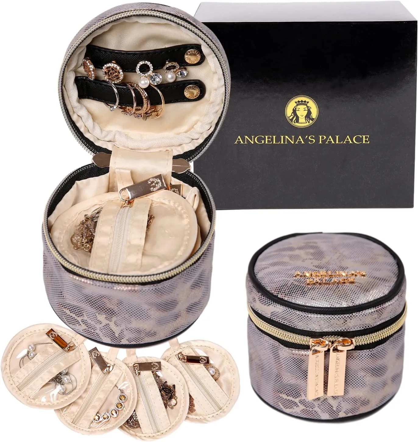 Angelina's Palace Round Jewelry Organizer Case Travel Bag Bridesmaid Gifts Silk Satin Box for Necklace Earring Bracelet Ring(metallic silver)