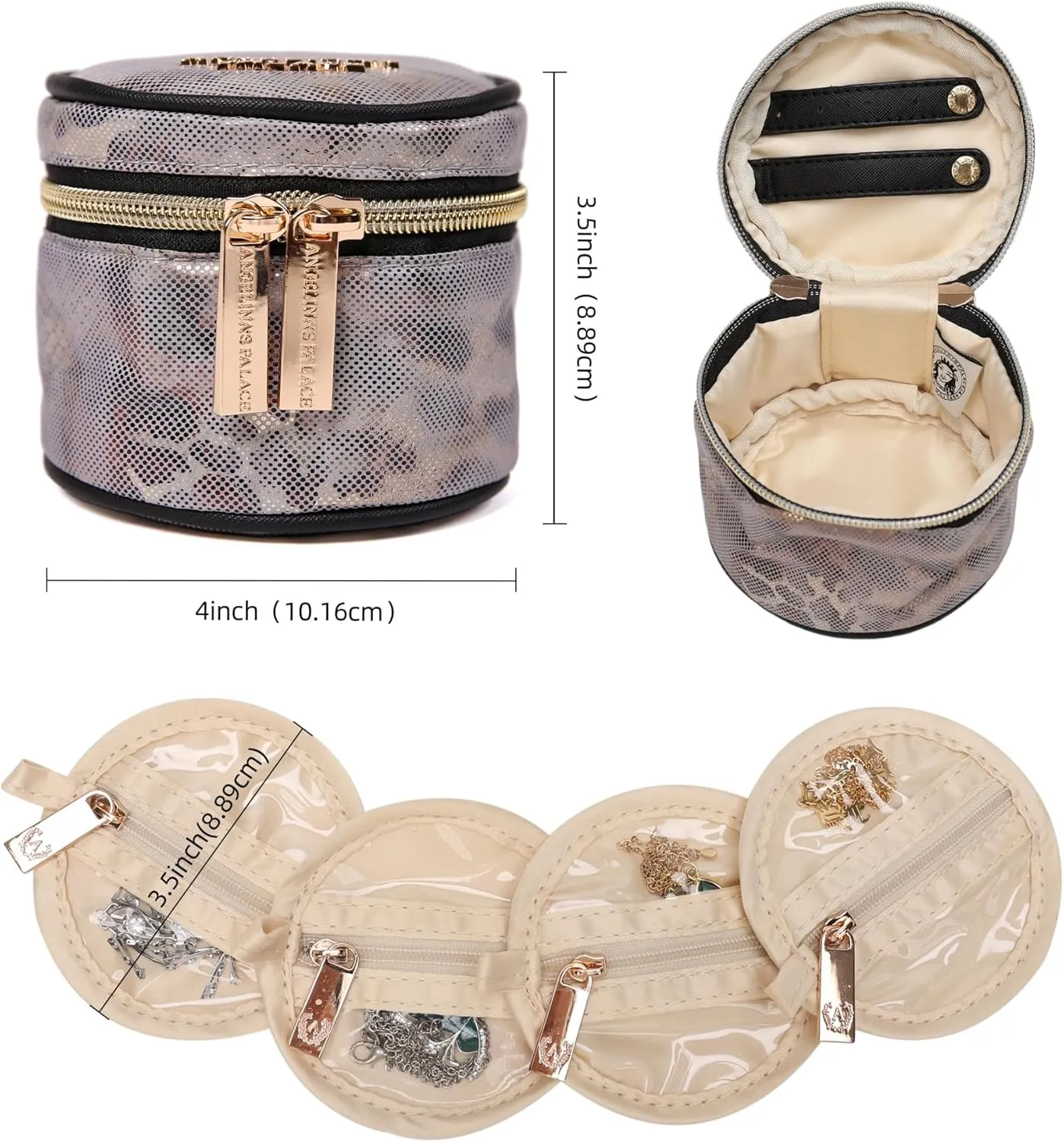 Angelina's Palace Round Jewelry Organizer Case Travel Bag Bridesmaid Gifts Silk Satin Box for Necklace Earring Bracelet Ring(metallic silver)
