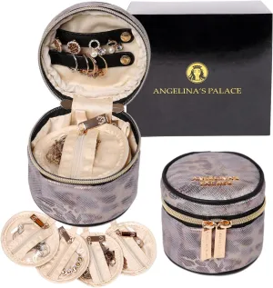 Angelina's Palace Round Jewelry Organizer Case Travel Bag Bridesmaid Gifts Silk Satin Box for Necklace Earring Bracelet Ring(metallic silver)