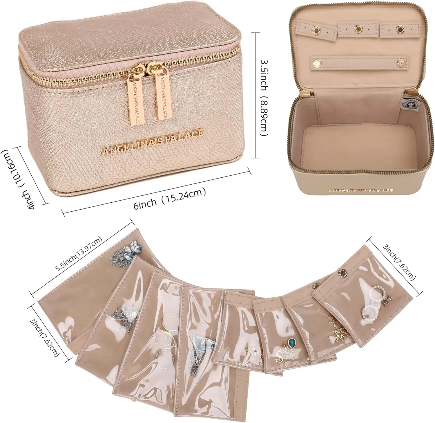Angelina's Palace Snakeskin Pattern Jewelry Organizer Case Bridesmaid Gifts Travel Bag Vegan Leather Box for Necklace Earring Bracelet Ring(Champagne)