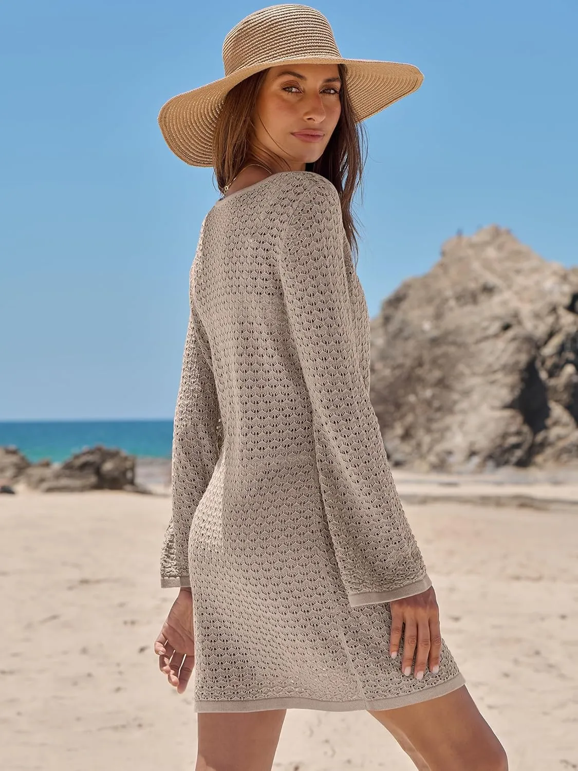 ANRABESS Beach Cover Ups for Women Crochet Swimsuit Bathing Suit Swimwear Bikini Mesh Knit Dress 2025 Summer Vacation Outfits