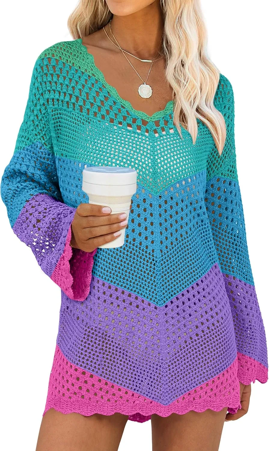 ANRABESS Women Swimsuit Crochet Swim Cover Up Summer Bathing Suit Swimwear V Neck Mesh Knit Beach Dress 2025 Vacation Outfits