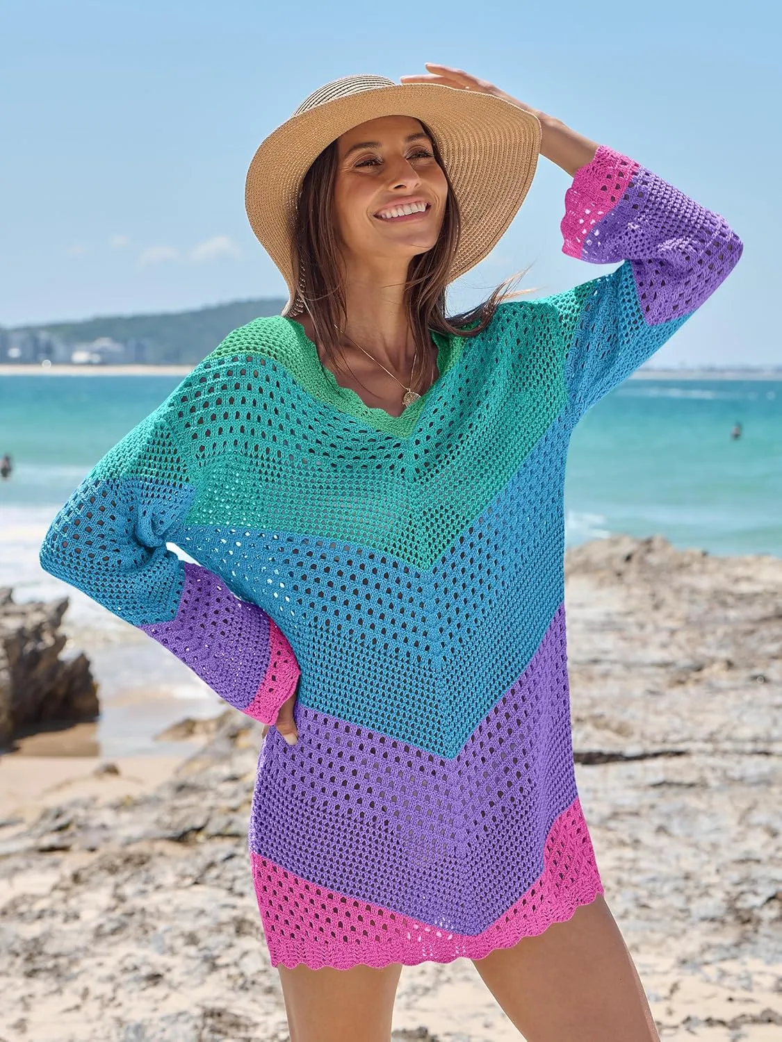 ANRABESS Women Swimsuit Crochet Swim Cover Up Summer Bathing Suit Swimwear V Neck Mesh Knit Beach Dress 2025 Vacation Outfits