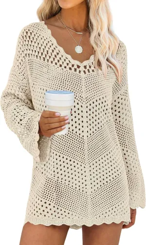 ANRABESS Women Swimsuit Crochet Swim Cover Up Summer Bathing Suit Swimwear V Neck Mesh Knit Beach Dress 2025 Vacation Outfits