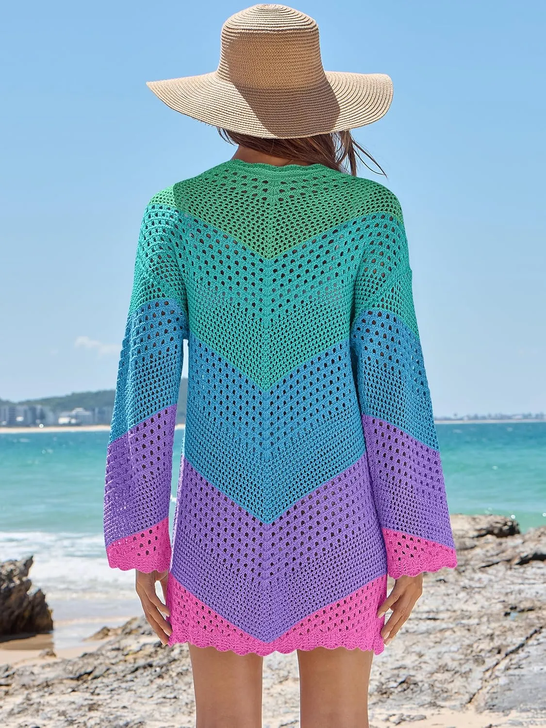 ANRABESS Women Swimsuit Crochet Swim Cover Up Summer Bathing Suit Swimwear V Neck Mesh Knit Beach Dress 2025 Vacation Outfits