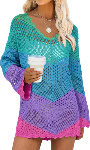 ANRABESS Women Swimsuit Crochet Swim Cover Up Summer Bathing Suit Swimwear V Neck Mesh Knit Beach Dress 2025 Vacation Outfits