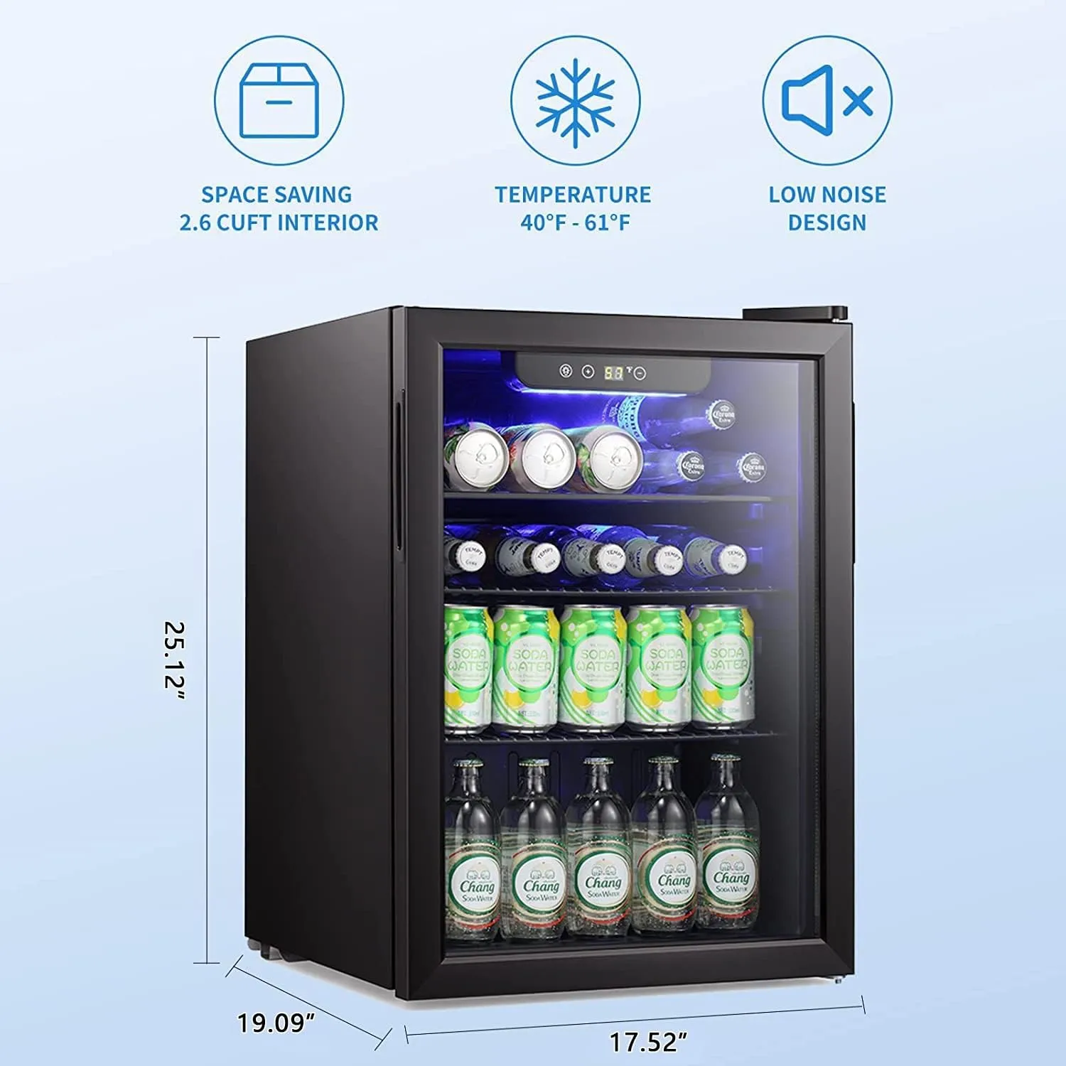 Antarctic Star Mini Fridge-95 Can Beverage Refrigerator Wine Cooler Clear Front Glass Door Small Drink Touch Screen for Soda Beer Bar Office Home 2.6 cu.ft