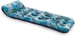 Aqua 18-Pocket Inflatable Contour Lounge, Luxury Fabric, Suntanner Pool Float, Heavy Duty, Blue Ferns
