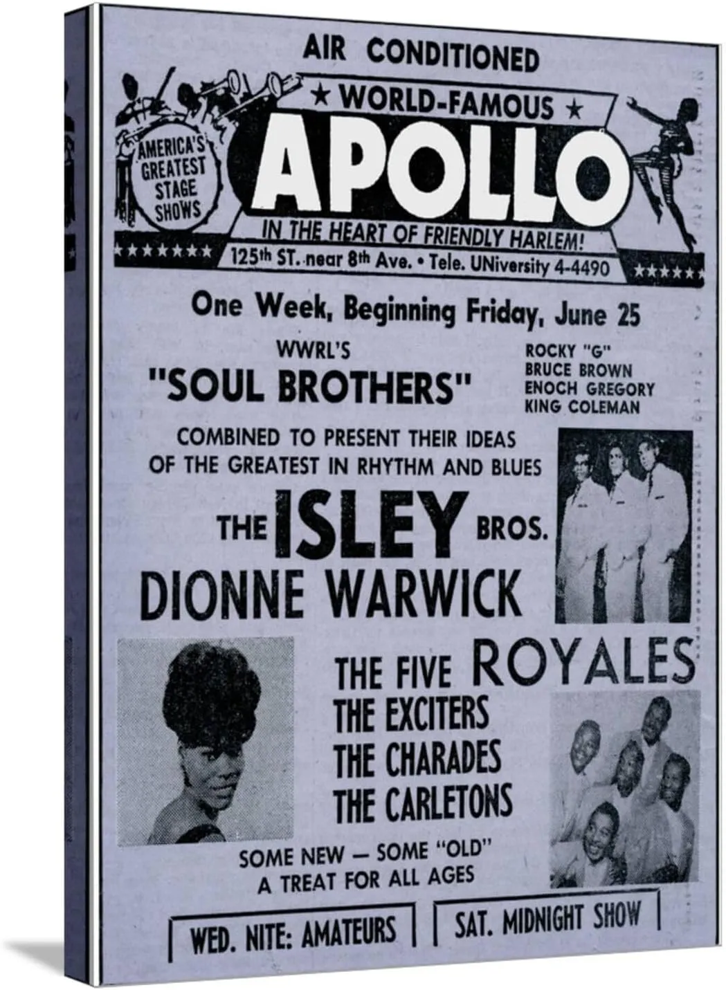 ART.COM Stretched Canvas Print Apollo Theatre Ad: Soul Brothers, Isley Brothers, Dionne Warwick, Five Royales, Charades, Carletons, 18" x 24"