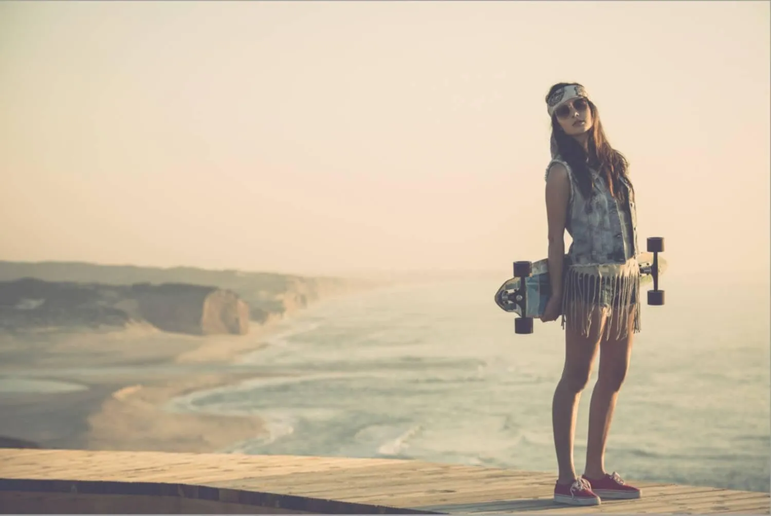 ART.COM Stretched Canvas Print Beautiful And Fashion Young Woman Posing With A Skateboard by iko, 24" x 16"
