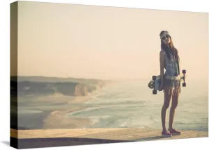 ART.COM Stretched Canvas Print Beautiful And Fashion Young Woman Posing With A Skateboard by iko, 24" x 16"