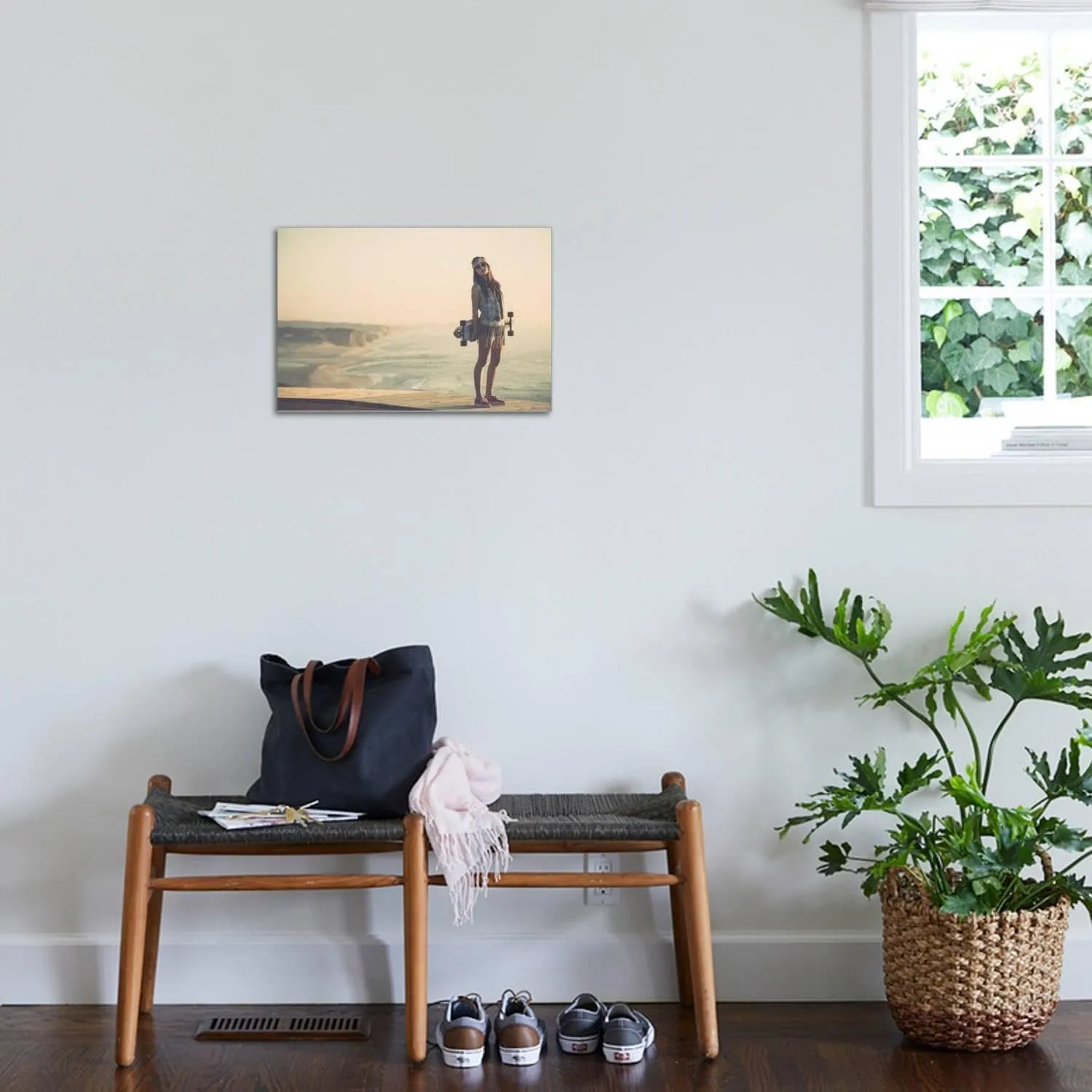 ART.COM Stretched Canvas Print Beautiful And Fashion Young Woman Posing With A Skateboard by iko, 24" x 16"