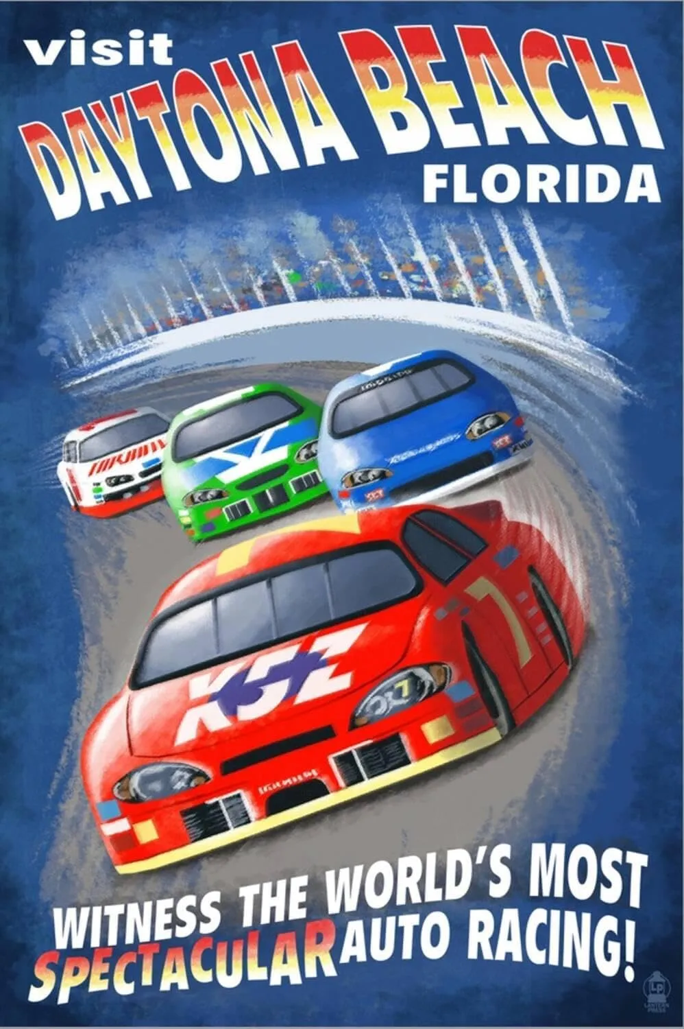 ART.COM Stretched Canvas Print Daytona Beach, Florida - Racecar Scene by Lantern Press, 16" x 24"