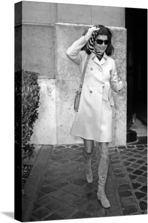ART.COM Stretched Canvas Print Jackie Kennedy Onassis (Nina Ricci Sunglasses, Gucci Bag) Leaving Crillon Hotel, Paris, 1970, 12" x 18"