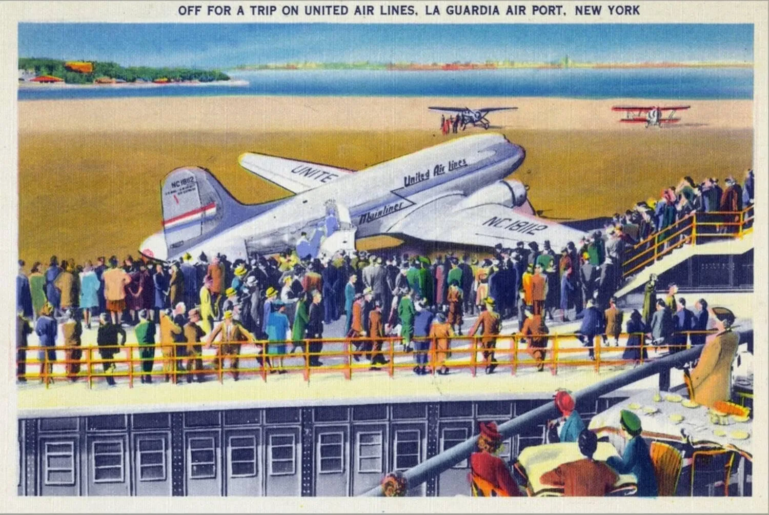 ART.COM Stretched Canvas Print New York City, New York - United Airlines Plane Departing La Guardia by Lantern Press, 18" x 12"