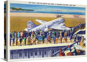 ART.COM Stretched Canvas Print New York City, New York - United Airlines Plane Departing La Guardia by Lantern Press, 18" x 12"