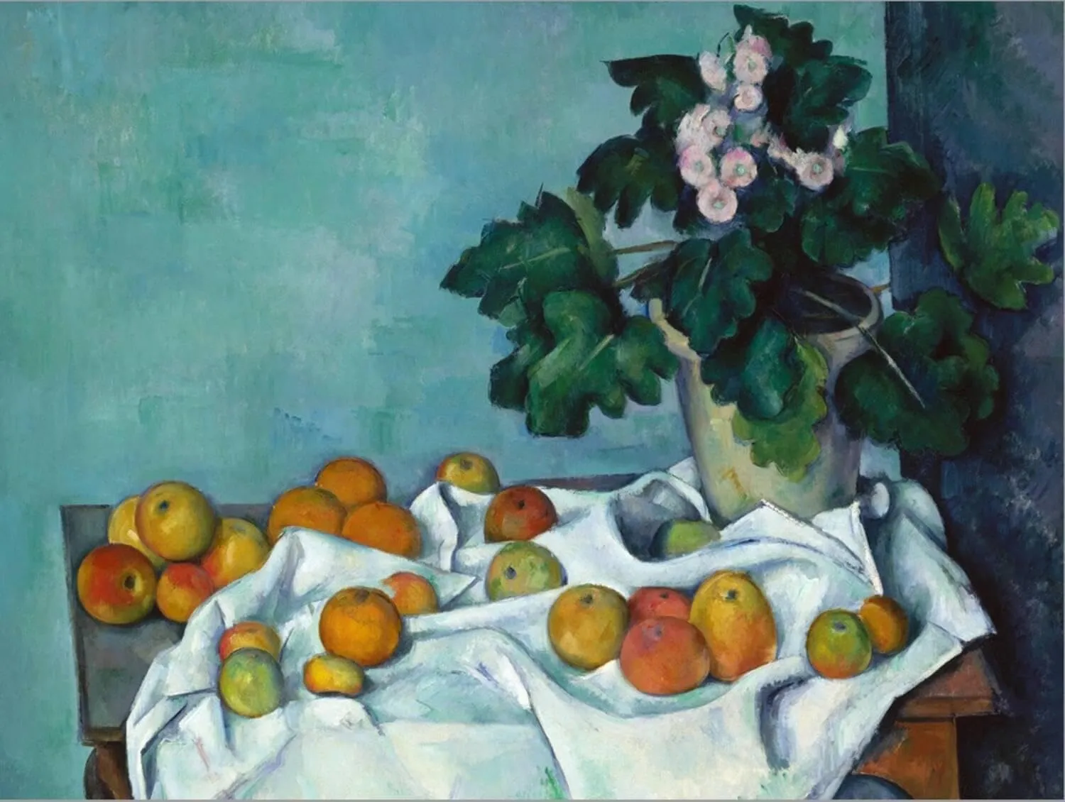 ART.COM Stretched Canvas Print Still Life with Apples and a Pot of Primroses by Paul Cézanne, 24" x 18"
