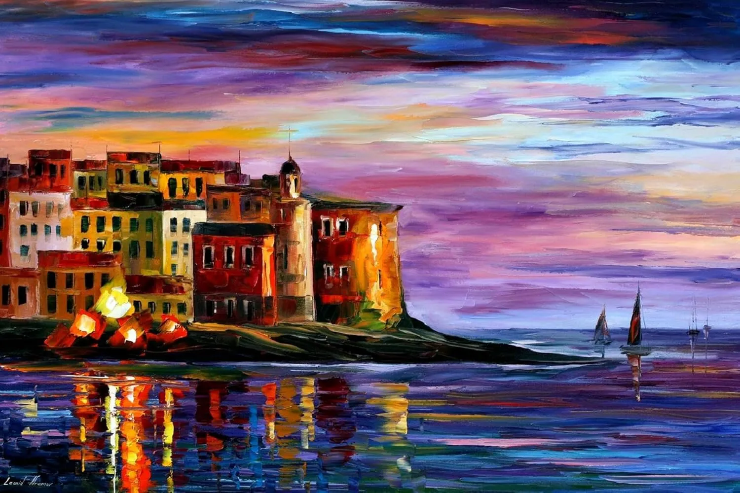 ART.COM Wall Art Prints Italy Liguria by Leonid Afremov, Scenic Decor, 18" x 12"